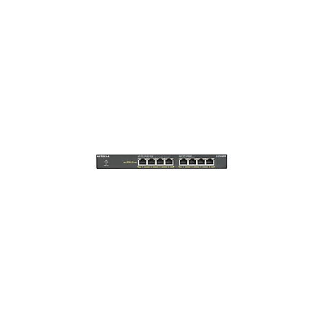 Un commutateur Netgear noir avec huit ports Ethernet, étiqueté avec le nom du produit GS308PP.
