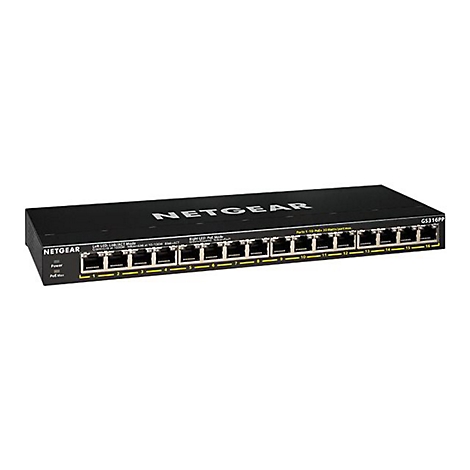 Commutateur réseau noir, NETGEAR GS316PP. Il comporte plusieurs ports, des indicateurs LED et des étiquettes de produit.