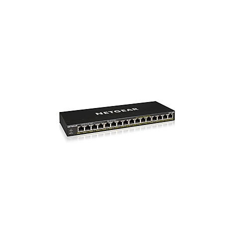 Commutateur rÃ©seau Netgear noir avec plusieurs entrÃ©es, LED Ã©clairÃ©es.