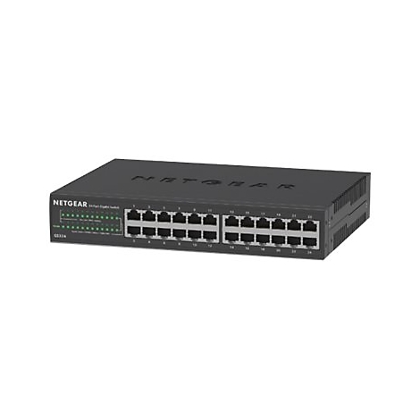 Un commutateur Netgear noir avec 24 ports sur fond blanc. Le nom est en haut, le numéro de modèle en dessous.