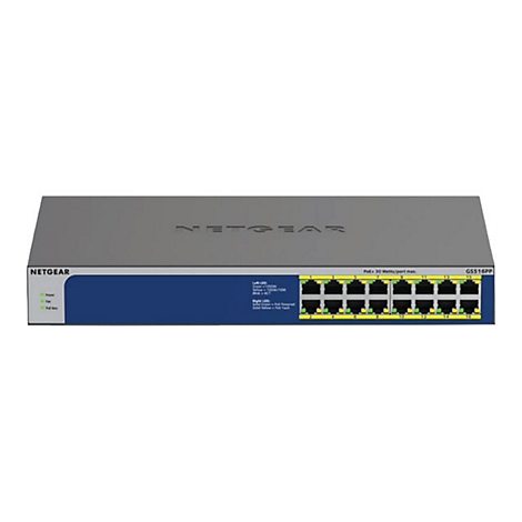 Commutateur Netgear, argentÃ©-gris avec faÃ§ade bleue, 16 ports rÃ©seau. Texte : Netgear, GS516PP.
