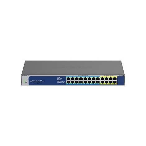 Un commutateur rÃ©seau gris avec faÃ§ade bleue. 16 ports, marquÃ© Netgear.