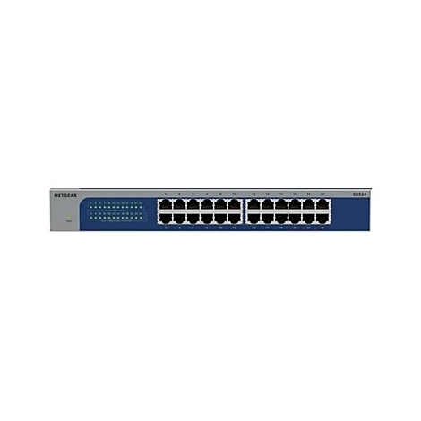 Ein blauer Netzwerk-Switch mit 24 Ports vor weiÃŸem Hintergrund. Oben steht NETGEAR und GS114.