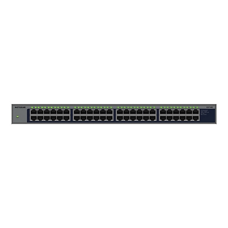 Un commutateur Ethernet Netgear GS748 avec 48 ports présenté sur fond blanc. Sur la face avant, on peut voir 48 ports Ethernet, ainsi que des indicateurs et le logo Netgear.