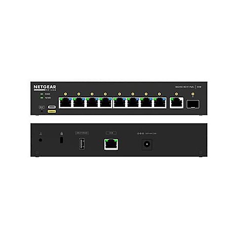 Routeur Netgear noir avec emplacements et ports. Haut : lumières, ports LAN. Bas : USB, port Ethernet et port d'alimentation.