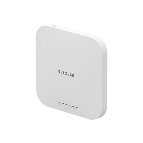 Ein weißes NETGEAR-Gerät, mit abgerundeten Ecken, zeigt Status-LEDs.