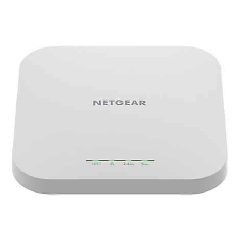 Ein weißes, quadratisches Netgear-WLAN-Gerät, abgerundete Ecken, grüne LED-Anzeige.