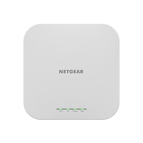 Grauer NETGEAR Access Point vor weißem Hintergrund. Oberhalb der Leuchtdioden-Reihe ist der Markenname zu lesen.
