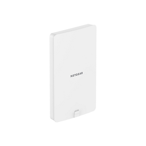 Ein weißes, rechteckiges Gerät mit der Aufschrift "NETGEAR" ist vor weißem Hintergrund abgebildet. Am unteren Ende befindet sich ein kleiner, rechteckiger Vorsprung.