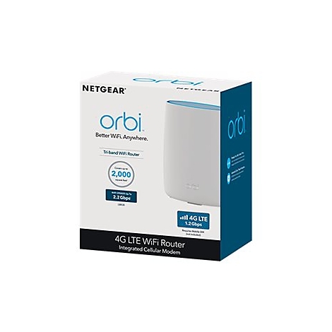 Ein Router in seiner Verpackung. Aufschrift: Orbi. Better WiFi Anywhere. 4G LTE WLAN Router.