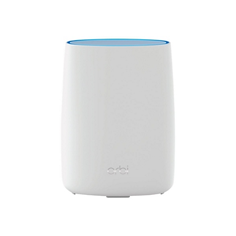 Ein weiÃŸes Orbi-GerÃ¤t mit blauem Rand. Der zylinderfÃ¶rmige Router steht vor weiÃŸem Hintergrund.