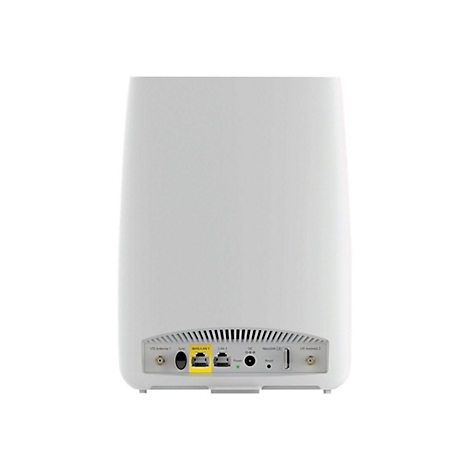 RÃ¼ckseite eines weiÃŸen Routers mit AnschlÃ¼ssen wie LAN und USB.