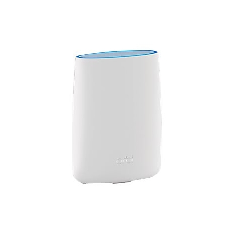 Ein weiÃŸer Router mit blauem Rand, abgerundeten Kanten und dem Wort 'orbi'.
