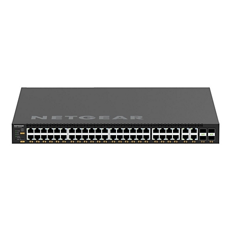 Ein schwarzer Netgear-Switch mit vielen Netzwerkanschlüssen. Der Schriftzug "NETGEAR" ist auf der Oberseite zu sehen.