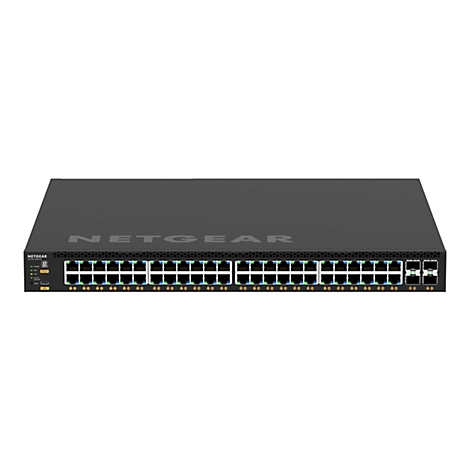 Ein schwarzer Netgear-Switch mit mehreren Ports und Leuchten. Oben steht der Name NETGEAR, unten links befinden sich Leuchten und ein Logo.