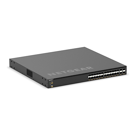 Ein schwarzer Netgear Netzwerk-Switch, mit mehreren Anschlüssen, vor weißem Hintergrund.