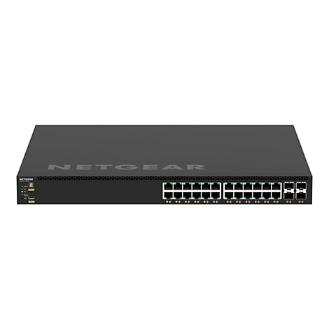 Ein schwarzer Netgear-Switch mit zahlreichen Anschlüssen und LED-Anzeigen, umgeben von einem weißen Hintergrund.