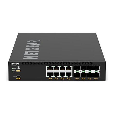 Schwarzer Netzwerk-Switch, Marke Netgear, mit Anschlüssen und LEDs.