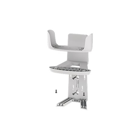 Halterung für Lautsprecher, weiß, mit Schrauben. Sie besteht aus zwei Halterungen und einer länglichen Basis. Auf hellem Hintergrund.