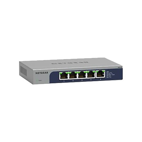 Ein grauer Netgear-Switch mit fünf Ports und grünen Anschlüssen.