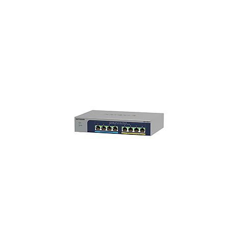Ein silberner Netgear-Switch mit acht Ethernet-Ports, beschriftet mit Nummern. Blaue und gelbe farbcodierte Ports, LED-Anzeigen.