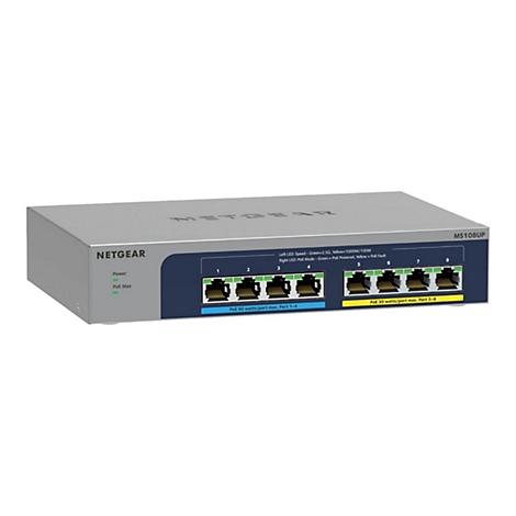 Netgear MS108UP Netzwerk-Switch mit 8 Ports, Metallgehäuse, Status-LEDs und PoE-Anschlussbeschriftung.