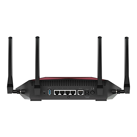 Schwarzer Router mit vier Antennen, RÃ¼ckseite. AnschlÃ¼sse fÃ¼r Netzwerk- und USB-Kabel sind sichtbar.