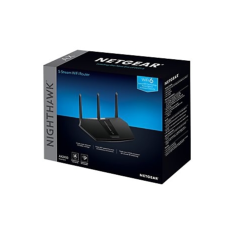 Netgear Nighthawk AX2400 WiFi 6 Router in seiner Produktverpackung vor weißem Hintergrund.