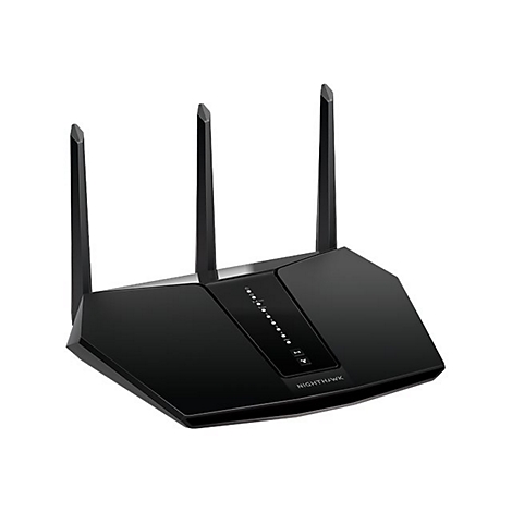 Schwarzer WLAN-Router mit drei Antennen, einer Reihe von LEDs und der Aufschrift "Nighthawk".