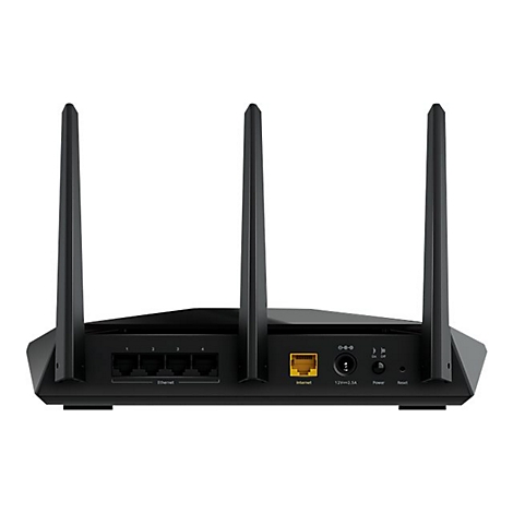 Schwarzer WLAN-Router mit drei Antennen, Anschlüssen für Ethernet und Internet.