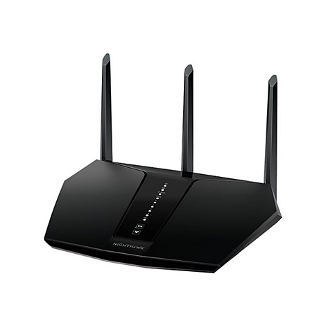 Schwarzer Nighthawk-Router mit drei Antennen, weißem LED-Licht und Schriftzug. Auf neutralem Hintergrund.