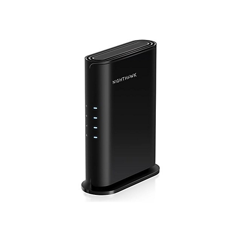 Ein schwarzer Nighthawk-Router steht aufrecht. Vier blaue Lichter und der Schriftzug Nighthawk sind sichtbar.