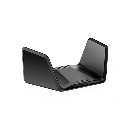 Schwarzer WLAN-Router mit modernem, flügelartigem Design vor weißem Hintergrund.