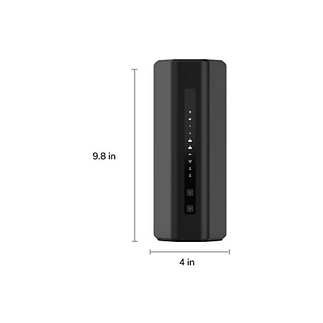 Schwarzer Router mit MaÃŸen: 9,8 Zoll hoch und 4 Zoll breit. Verschiedene Lichter und KnÃ¶pfe an der Vorderseite.