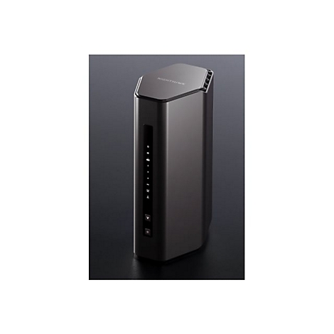 Dunkelgrauer Router, rechteckig, mit Leuchtanzeigen und Firmenlogo.