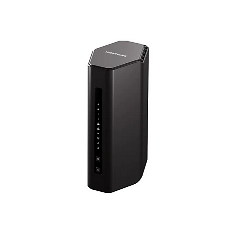Ein schwarzer Router mit vertikalen LED-Leuchten. Oben steht 'Nighthawk'.