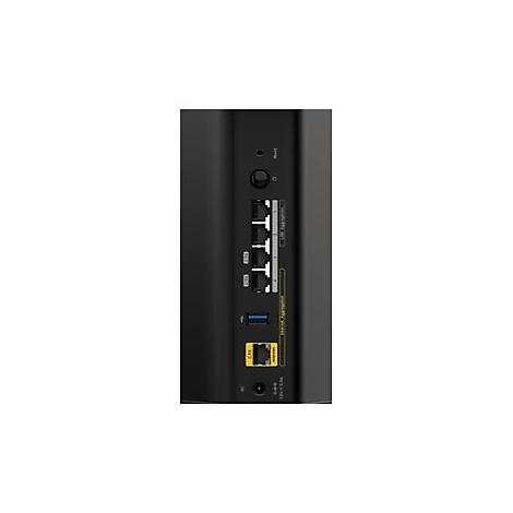Schwarzer Router mit AnschlÃ¼ssen: Ethernet, USB und Stromanschluss.