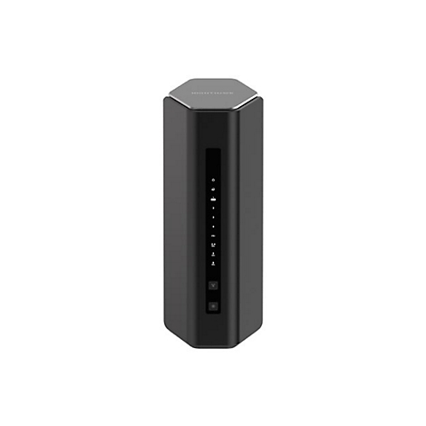 Ein schwarzer Router mit grauer Oberseite und einer vertikalen Reihe von Leuchten und KnÃ¶pfen auf der Vorderseite, vor weiÃŸem Hintergrund.