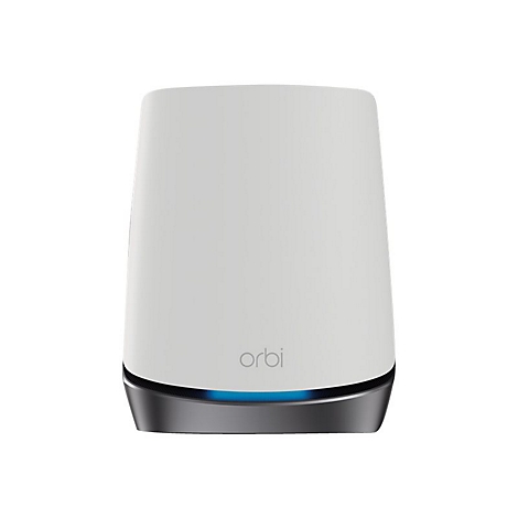 Weißer Orbi WLAN-Router mit unterem dunkelgrauen Bereich und leuchtend blauer Status-LED.