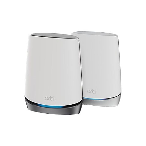 Zwei weiße Netgear Orbi WLAN-Router mit blauem Lichtstreifen am Fuß vor weißem Hintergrund.