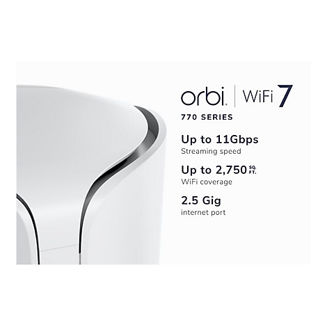 Nahaufnahme eines weißen Routers mit dem Orbi-Logo und Text zu den Spezifikationen. WiFi 7, bis zu 11 Gbit/s Streaming-Geschwindigkeit.