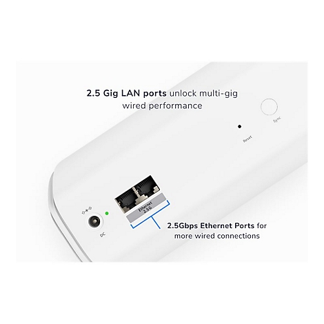 Nahaufnahme eines weißen Routers mit hervorgehobenen Ethernet-Anschlüssen. Text: „2,5 Gig LAN-Ports“ und „2,5 Gbit/s Ethernet-Anschlüsse für mehr kabelgebundene Verbindungen.“