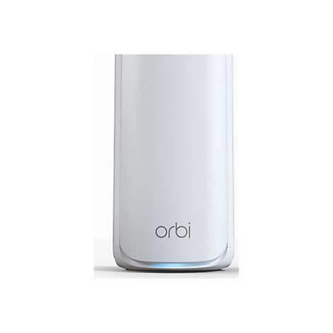 Ein weißes, zylinderförmiges Gerät mit dem Wort „orbi“ in der Mitte. Unten leuchtet blaues Licht.