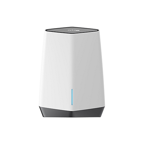 Weißer, kegelförmiger WLAN-Router Orbi Pro mit dunkelgrauem Sockel und leuchtend blauem Statuslicht.