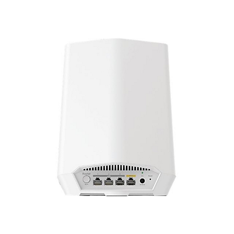 Weißer WLAN-Router von hinten mit vier LAN-Ports, Stromanschluss und Sync-Taste vor weißem Hintergrund.