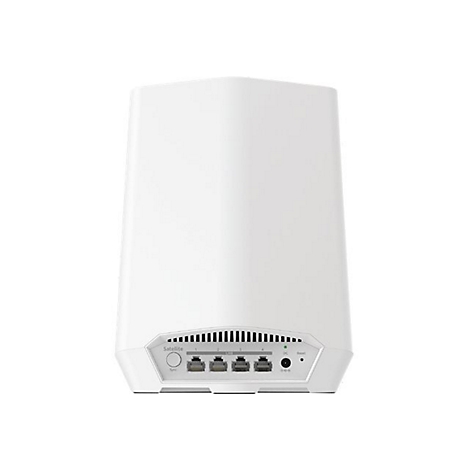 Weißer Mesh-WLAN-Router mit vier LAN-Anschlüssen, Sync-Taste und Stromanschluss auf der Rückseite.