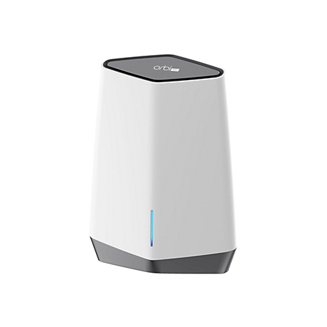 Weißer Netgear Orbi Pro WLAN-Router mit einem leuchtend blauen vertikalen Lichtstreifen.