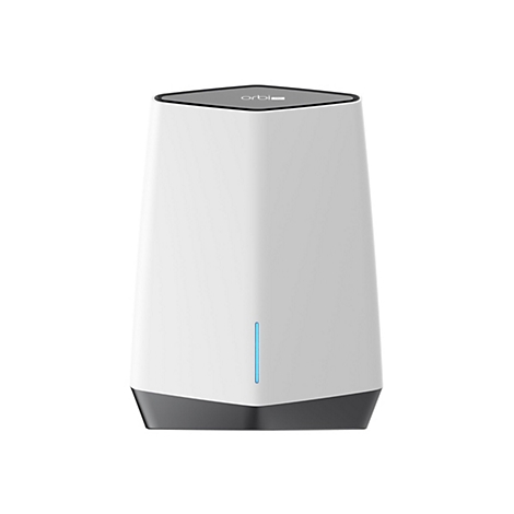 Weißer Orbi Pro WLAN-Router mit einem zentralen vertikalen blauen LED-Licht auf weißem Hintergrund.