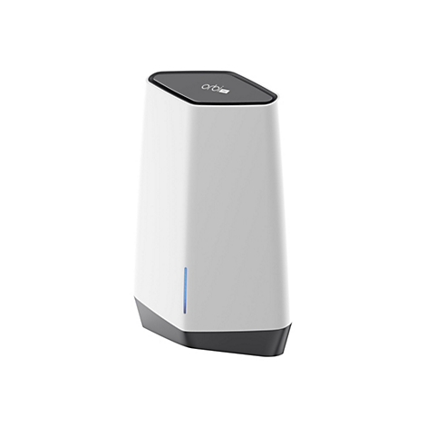 Weißer Orbi Pro WLAN-Router mit schwarzer Oberseite und blauem LED-Streifen auf weißem Hintergrund.
