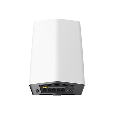 Weißer, turmförmiger WLAN-Router vor weißem Hintergrund mit rückseitigen Anschlüssen.